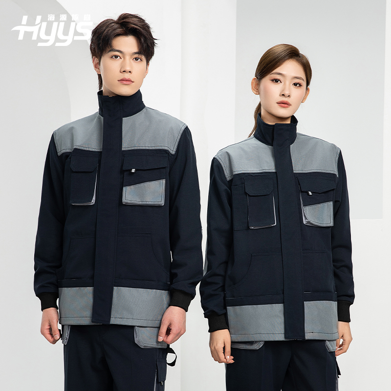 WF288 春秋工作服男多兜加固耐磨勞保服印字套裝車間廠服拉鏈款立領(lǐng)工裝