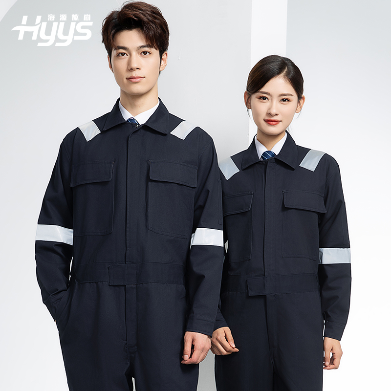 QM8669 純棉連體工作服定制男反光耐磨耐臟機(jī)修電焊工船廠海港定制勞保服